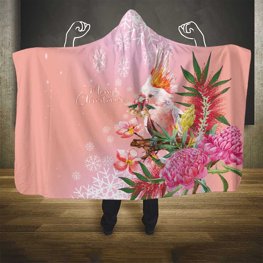 Australia Christmas Pink Cockatoo with Banksia Hooded Blanket Coral Pink - Aussie Hoodie