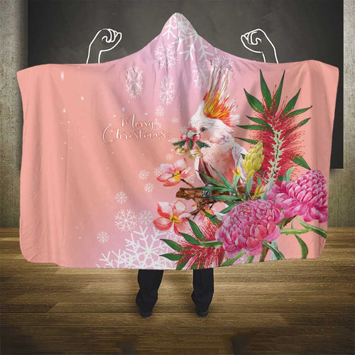 Australia Christmas Pink Cockatoo with Banksia Hooded Blanket Coral Pink - Aussie Hoodie