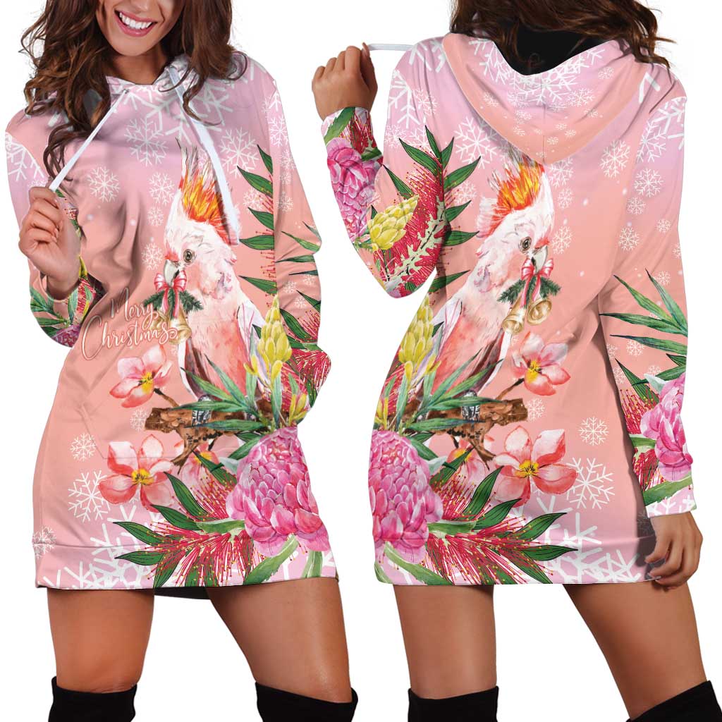 Australia Christmas Pink Cockatoo with Banksia Hoodie Dress Coral Pink - Aussie Hoodie