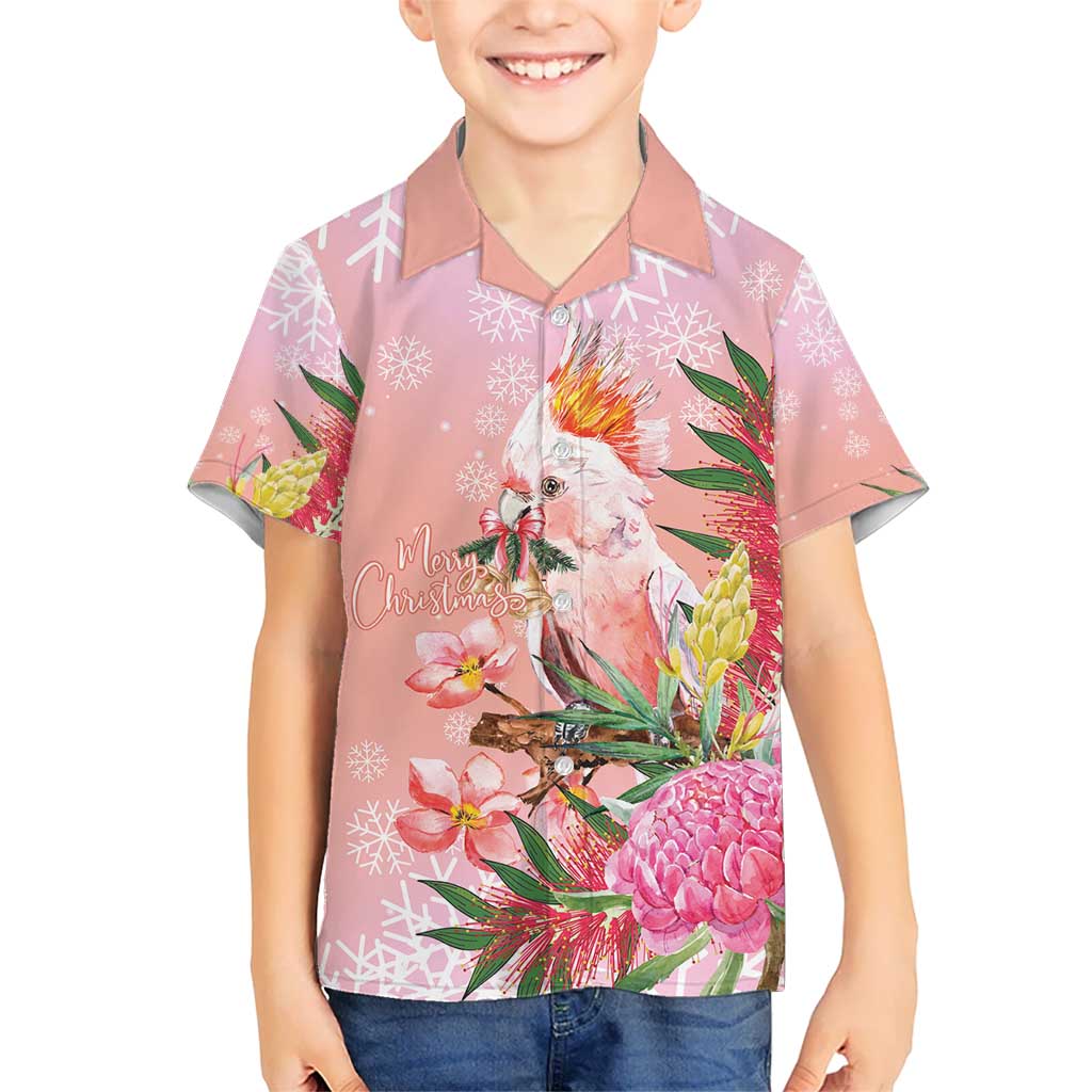Australia Christmas Pink Cockatoo with Banksia Kid Hawaiian Shirt Coral Pink - Aussie Hoodie