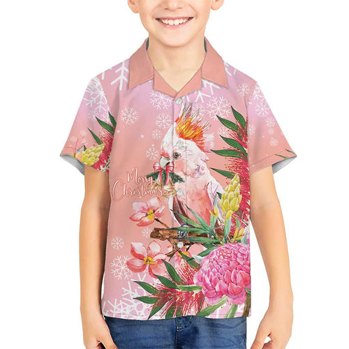 Australia Christmas Pink Cockatoo with Banksia Kid Hawaiian Shirt Coral Pink - Aussie Hoodie