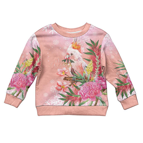 Australia Christmas Pink Cockatoo with Banksia Kid Ugly Christmas Sweater Coral Pink - Aussie Hoodie