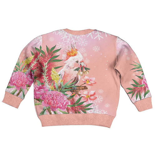 Australia Christmas Pink Cockatoo with Banksia Kid Ugly Christmas Sweater Coral Pink - Aussie Hoodie