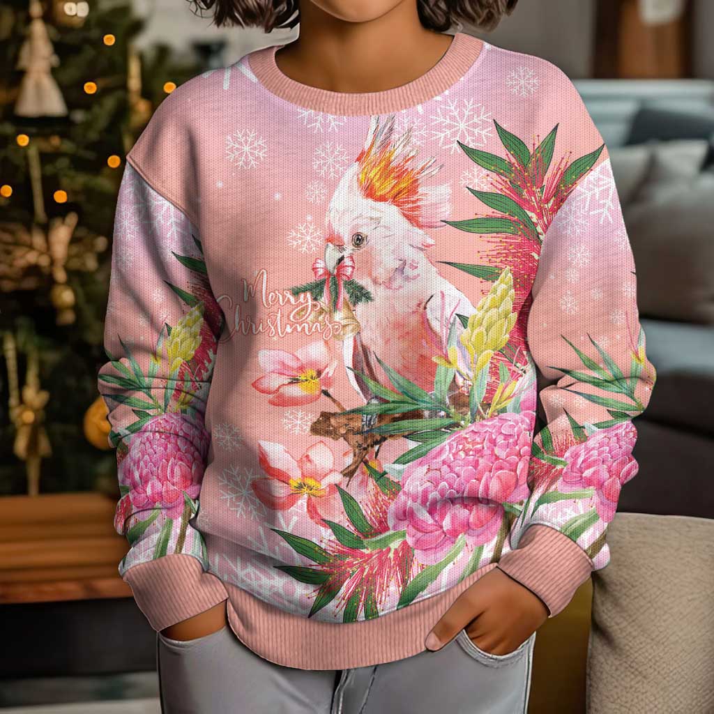 Australia Christmas Pink Cockatoo with Banksia Kid Ugly Christmas Sweater Coral Pink - Aussie Hoodie