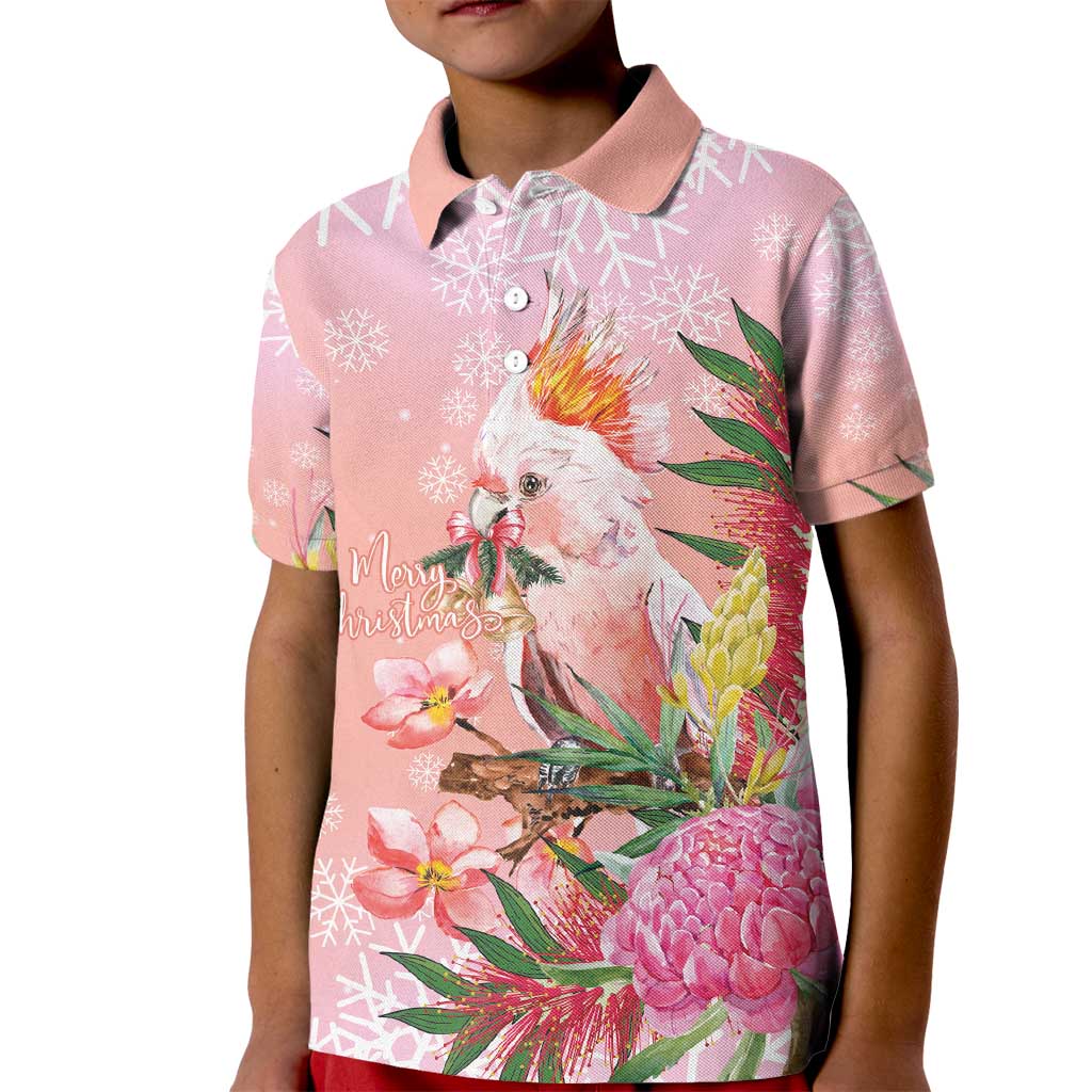Australia Christmas Pink Cockatoo with Banksia Kid Polo Shirt Coral Pink - Aussie Hoodie
