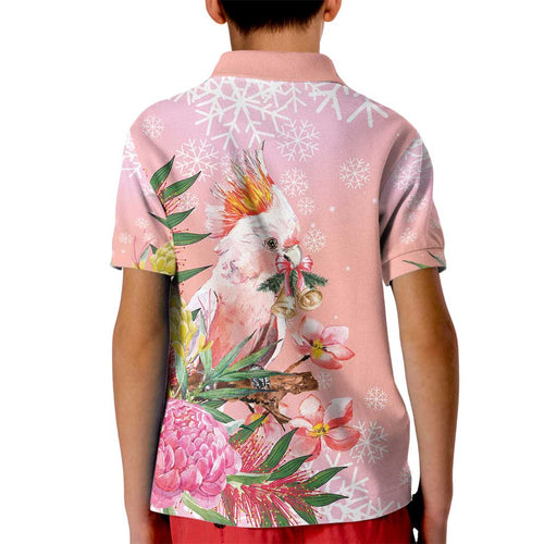 Australia Christmas Pink Cockatoo with Banksia Kid Polo Shirt Coral Pink - Aussie Hoodie