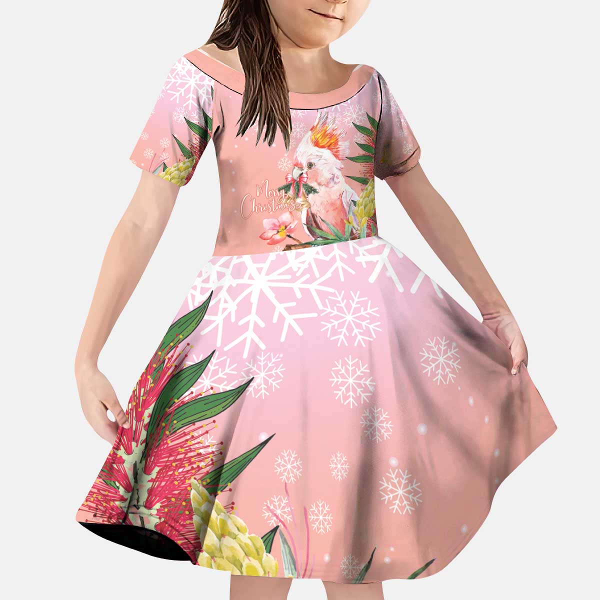 Australia Christmas Pink Cockatoo with Banksia Kid Short Sleeve Dress Coral Pink - Aussie Hoodie