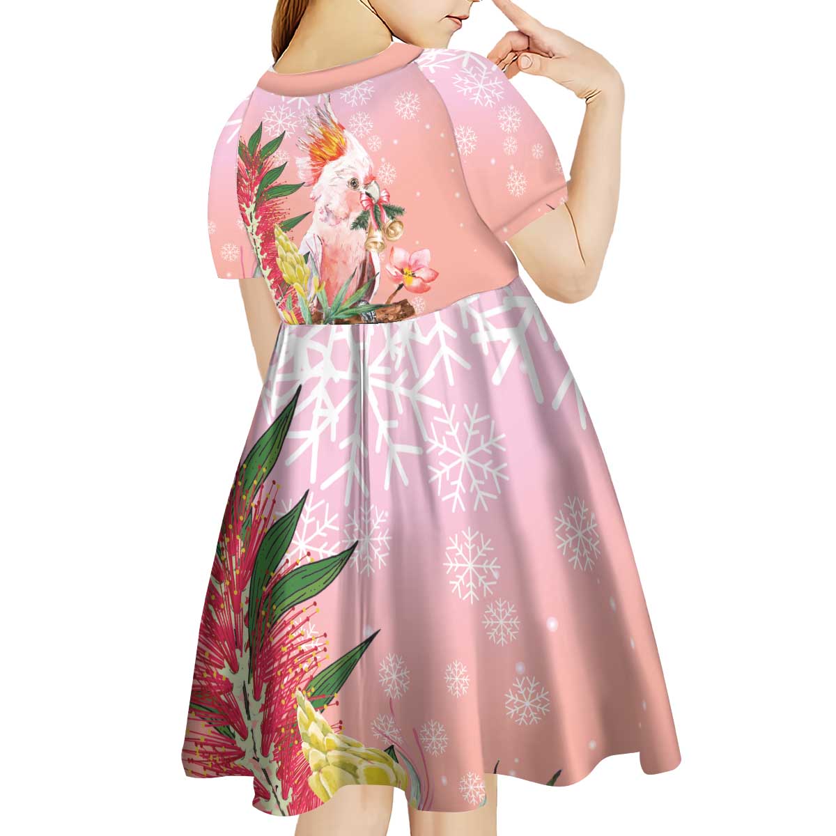 Australia Christmas Pink Cockatoo with Banksia Kid Short Sleeve Dress Coral Pink - Aussie Hoodie