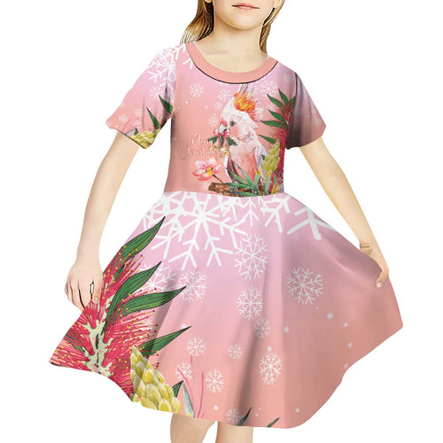Australia Christmas Pink Cockatoo with Banksia Kid Short Sleeve Dress Coral Pink - Aussie Hoodie