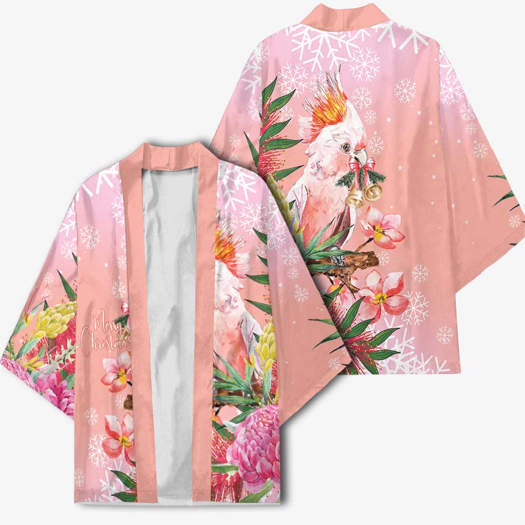Australia Christmas Pink Cockatoo with Banksia Kimono Coral Pink - Aussie Hoodie
