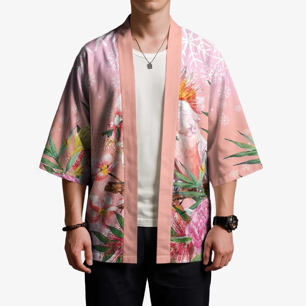 Australia Christmas Pink Cockatoo with Banksia Kimono Coral Pink - Aussie Hoodie