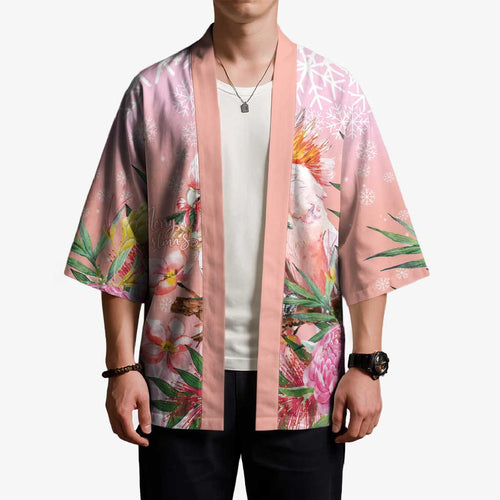 Australia Christmas Pink Cockatoo with Banksia Kimono Coral Pink - Aussie Hoodie