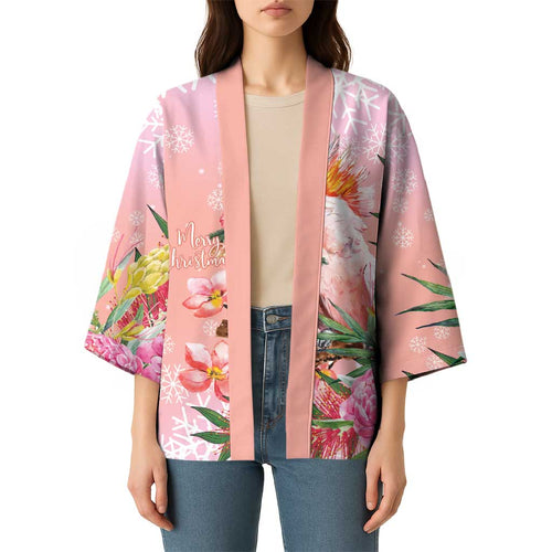 Australia Christmas Pink Cockatoo with Banksia Kimono Coral Pink - Aussie Hoodie
