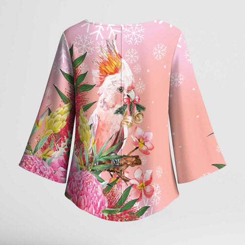 Australia Christmas Pink Cockatoo with Banksia Kimono Sleeve Blouse Coral Pink - Aussie Hoodie