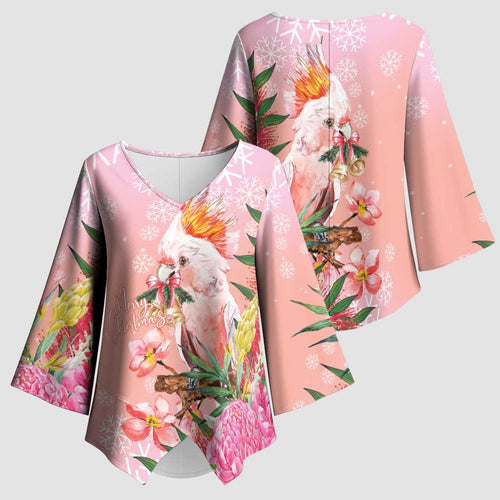Australia Christmas Pink Cockatoo with Banksia Kimono Sleeve Blouse Coral Pink - Aussie Hoodie