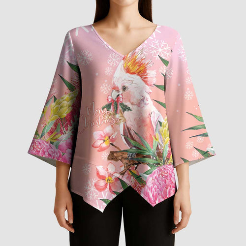 Australia Christmas Pink Cockatoo with Banksia Kimono Sleeve Blouse Coral Pink - Aussie Hoodie