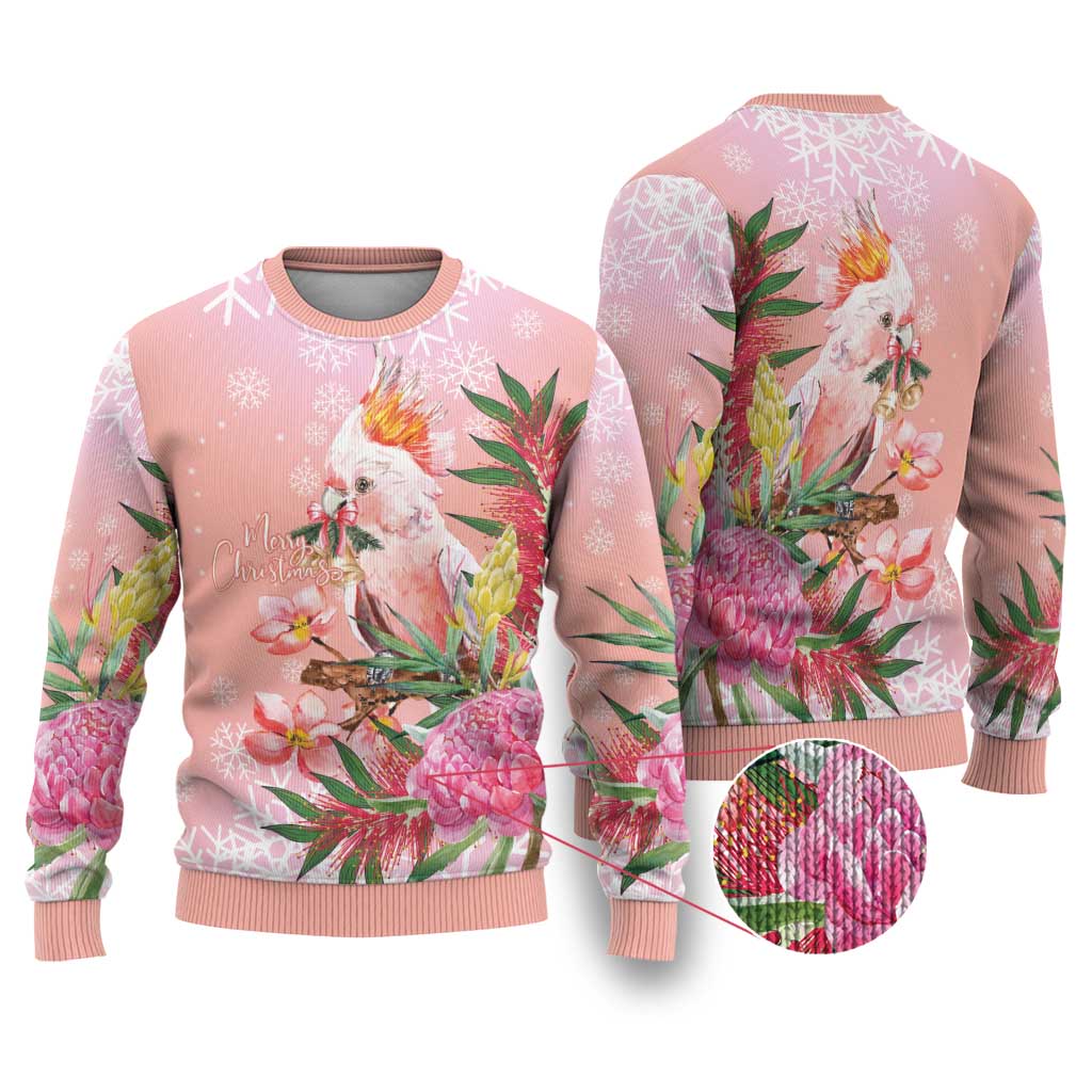 Australia Christmas Pink Cockatoo with Banksia Ugly Christmas Sweater Coral Pink - Aussie Hoodie