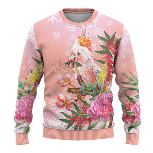 Australia Christmas Pink Cockatoo with Banksia Ugly Christmas Sweater Coral Pink - Aussie Hoodie