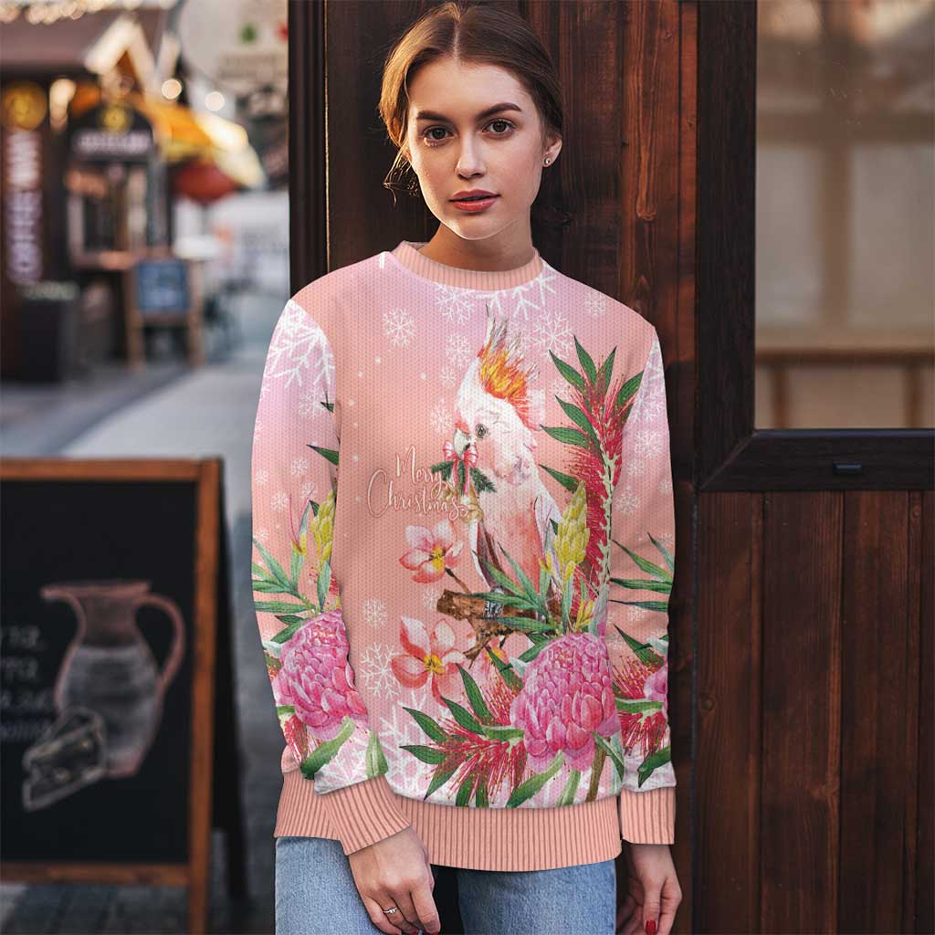 Australia Christmas Pink Cockatoo with Banksia Ugly Christmas Sweater Coral Pink - Aussie Hoodie