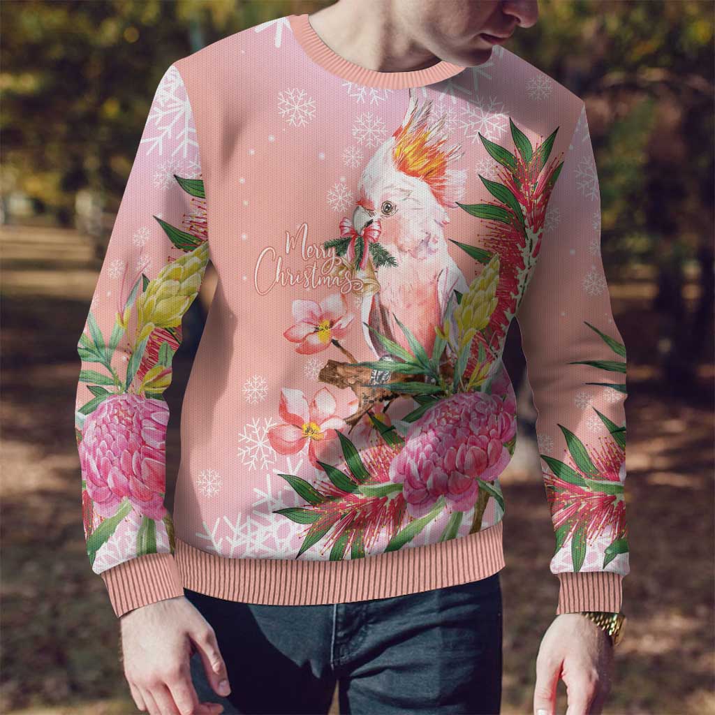 Australia Christmas Pink Cockatoo with Banksia Ugly Christmas Sweater Coral Pink - Aussie Hoodie