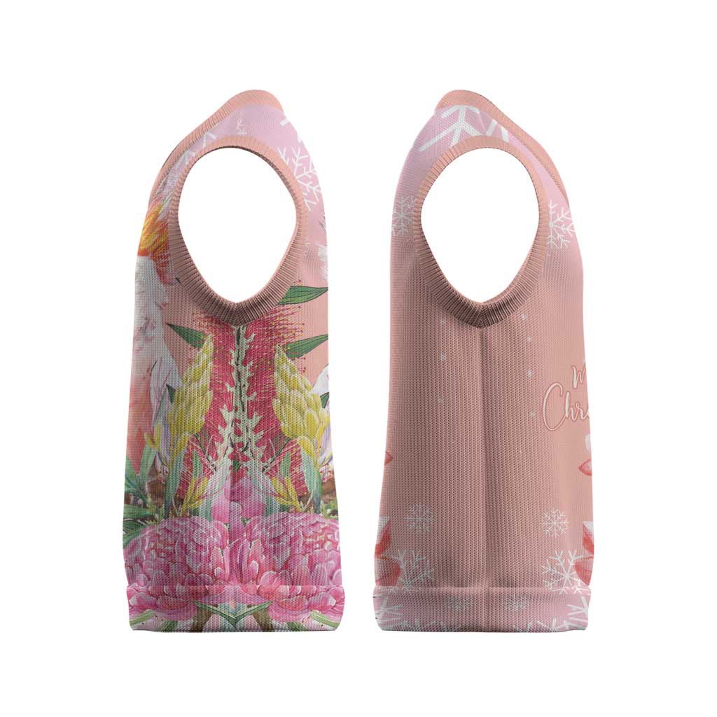 Australia Christmas Pink Cockatoo with Banksia Christmas Knitted V-Neck Vest Coral Pink - Aussie Hoodie