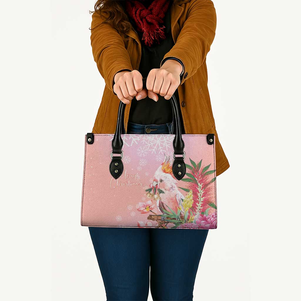 Australia Christmas Pink Cockatoo with Banksia Leather Bag Coral Pink - Aussie Hoodie