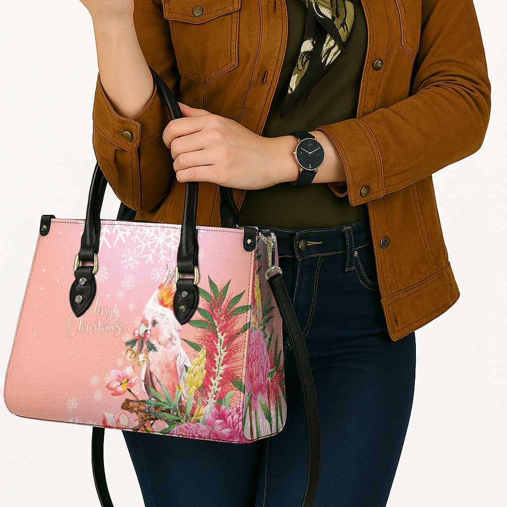 Australia Christmas Pink Cockatoo with Banksia Leather Bag Coral Pink - Aussie Hoodie