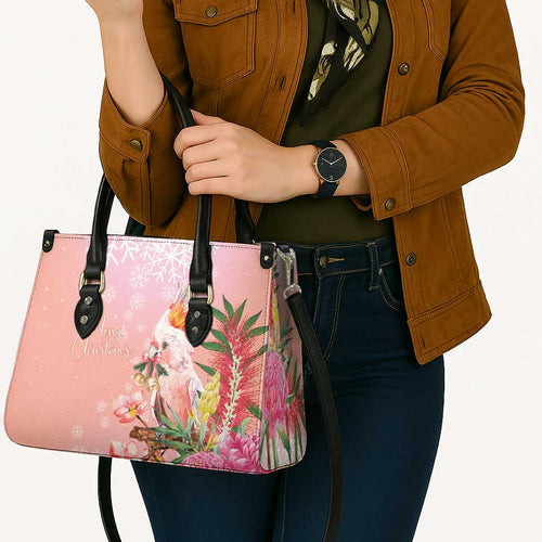 Australia Christmas Pink Cockatoo with Banksia Leather Bag Coral Pink - Aussie Hoodie