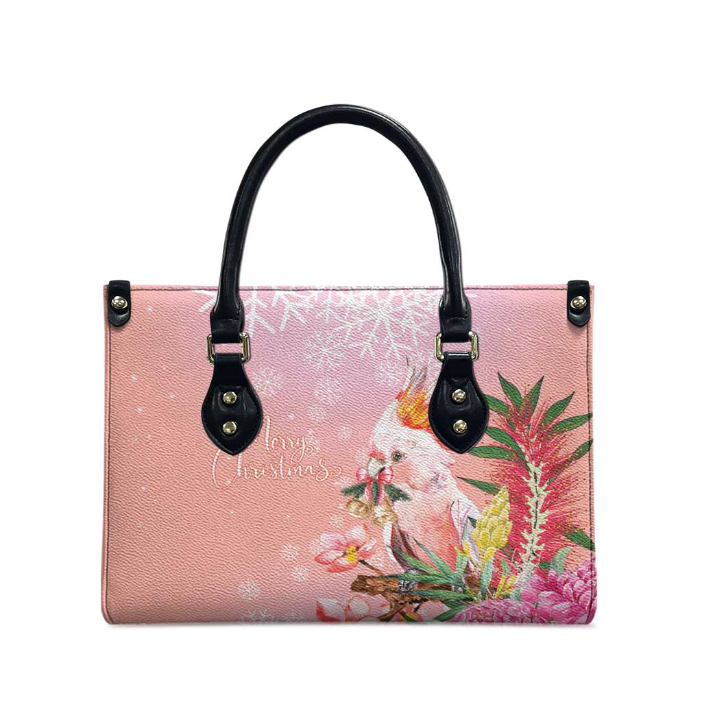Australia Christmas Pink Cockatoo with Banksia Leather Bag Coral Pink - Aussie Hoodie