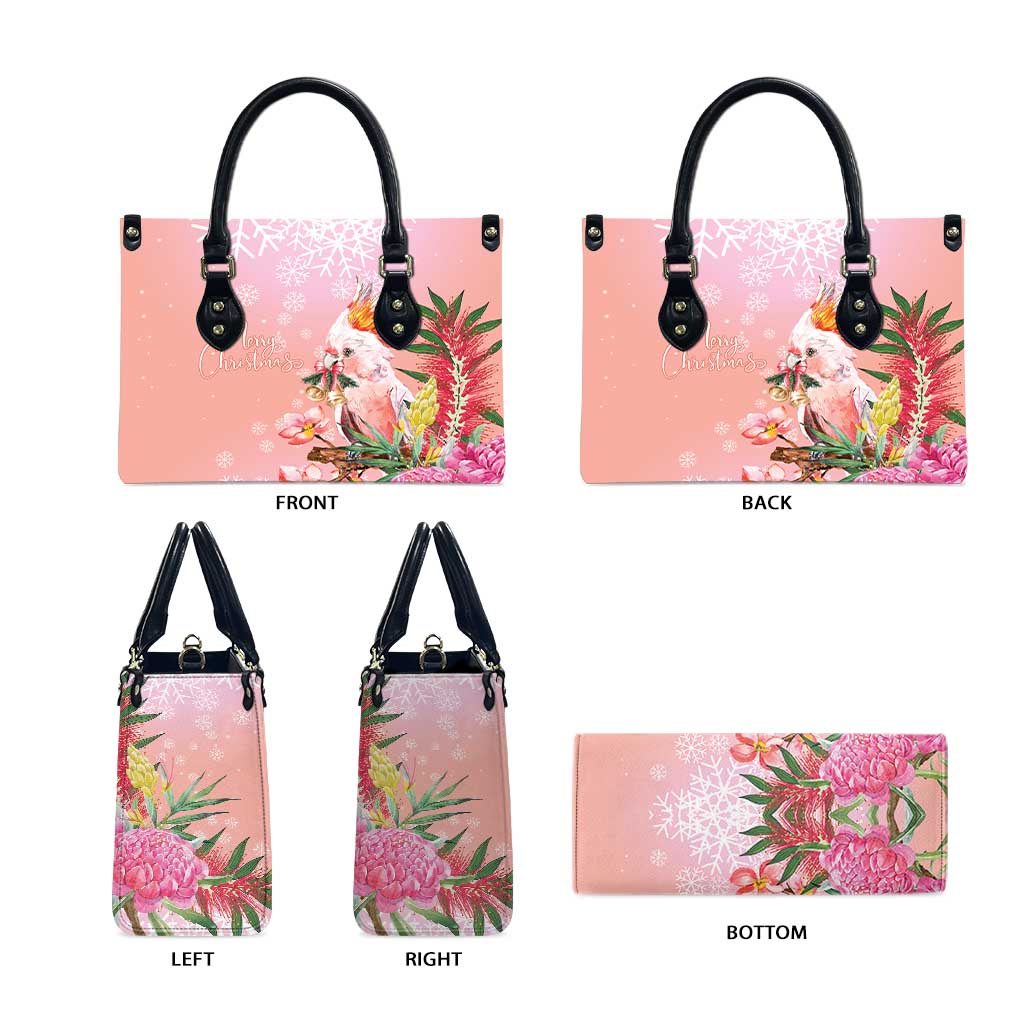 Australia Christmas Pink Cockatoo with Banksia Leather Bag Coral Pink - Aussie Hoodie