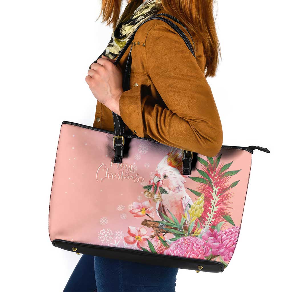 Australia Christmas Pink Cockatoo with Banksia Leather Tote Bag Coral Pink - Aussie Hoodie