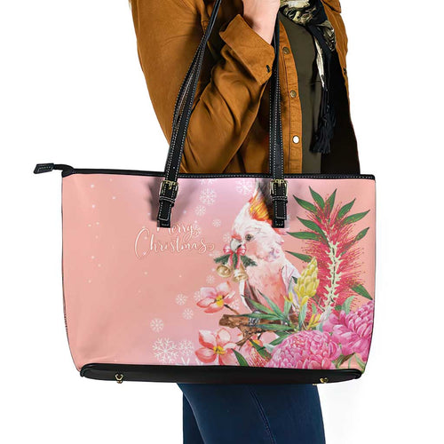 Australia Christmas Pink Cockatoo with Banksia Leather Tote Bag Coral Pink - Aussie Hoodie
