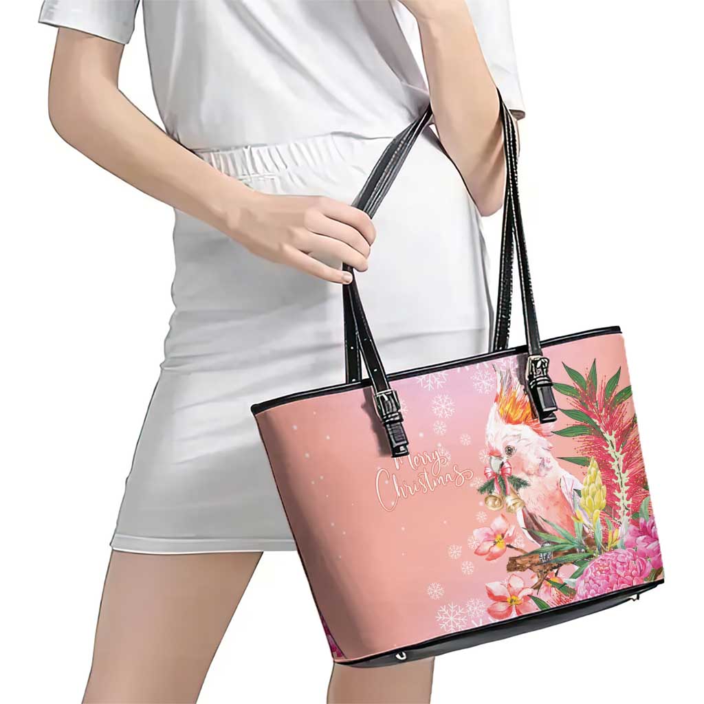 Australia Christmas Pink Cockatoo with Banksia Leather Tote Bag Coral Pink - Aussie Hoodie