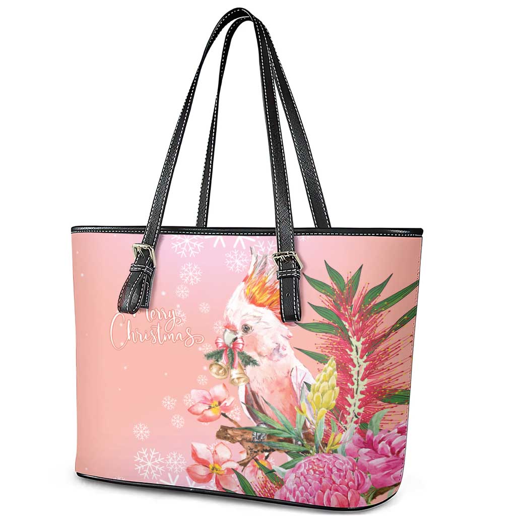 Australia Christmas Pink Cockatoo with Banksia Leather Tote Bag Coral Pink - Aussie Hoodie