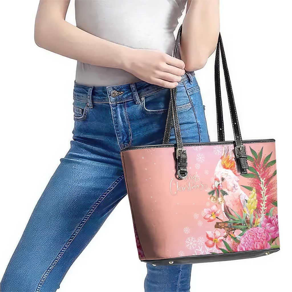 Australia Christmas Pink Cockatoo with Banksia Leather Tote Bag Coral Pink - Aussie Hoodie
