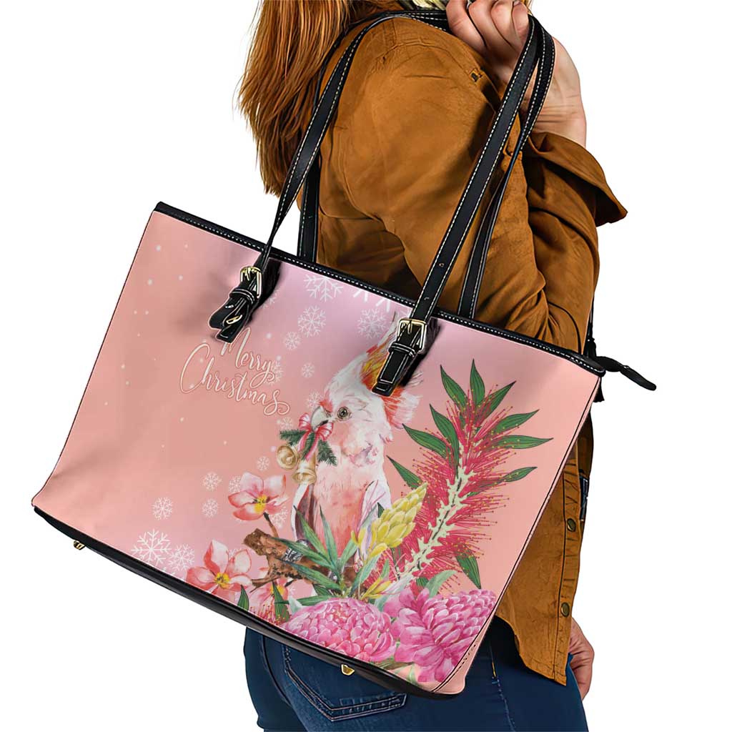 Australia Christmas Pink Cockatoo with Banksia Leather Tote Bag Coral Pink - Aussie Hoodie