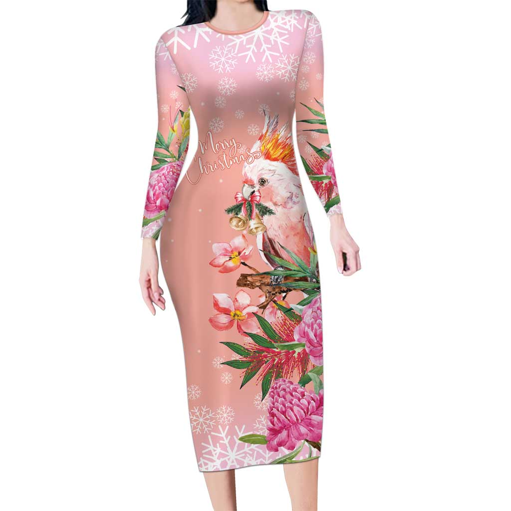 Australia Christmas Pink Cockatoo with Banksia Long Sleeve Bodycon Dress Coral Pink - Aussie Hoodie