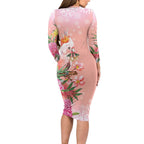 Australia Christmas Pink Cockatoo with Banksia Long Sleeve Bodycon Dress Coral Pink - Aussie Hoodie