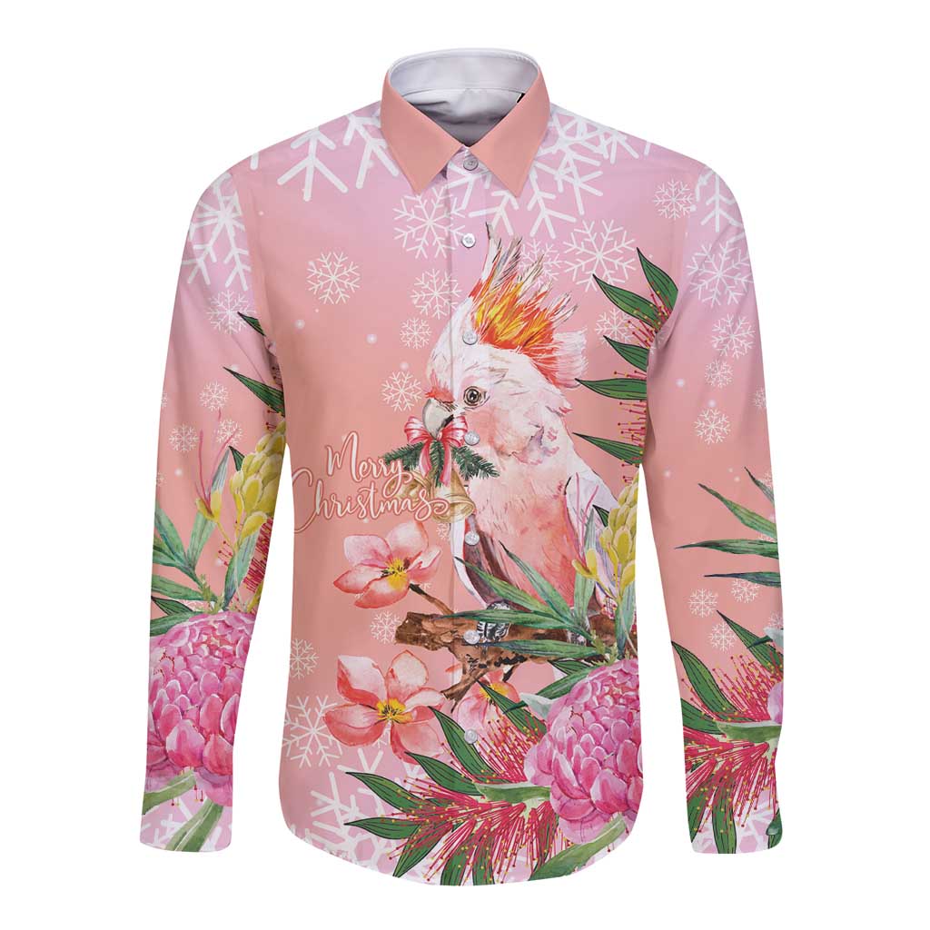 Australia Christmas Pink Cockatoo with Banksia Long Sleeve Button Shirt Coral Pink - Aussie Hoodie