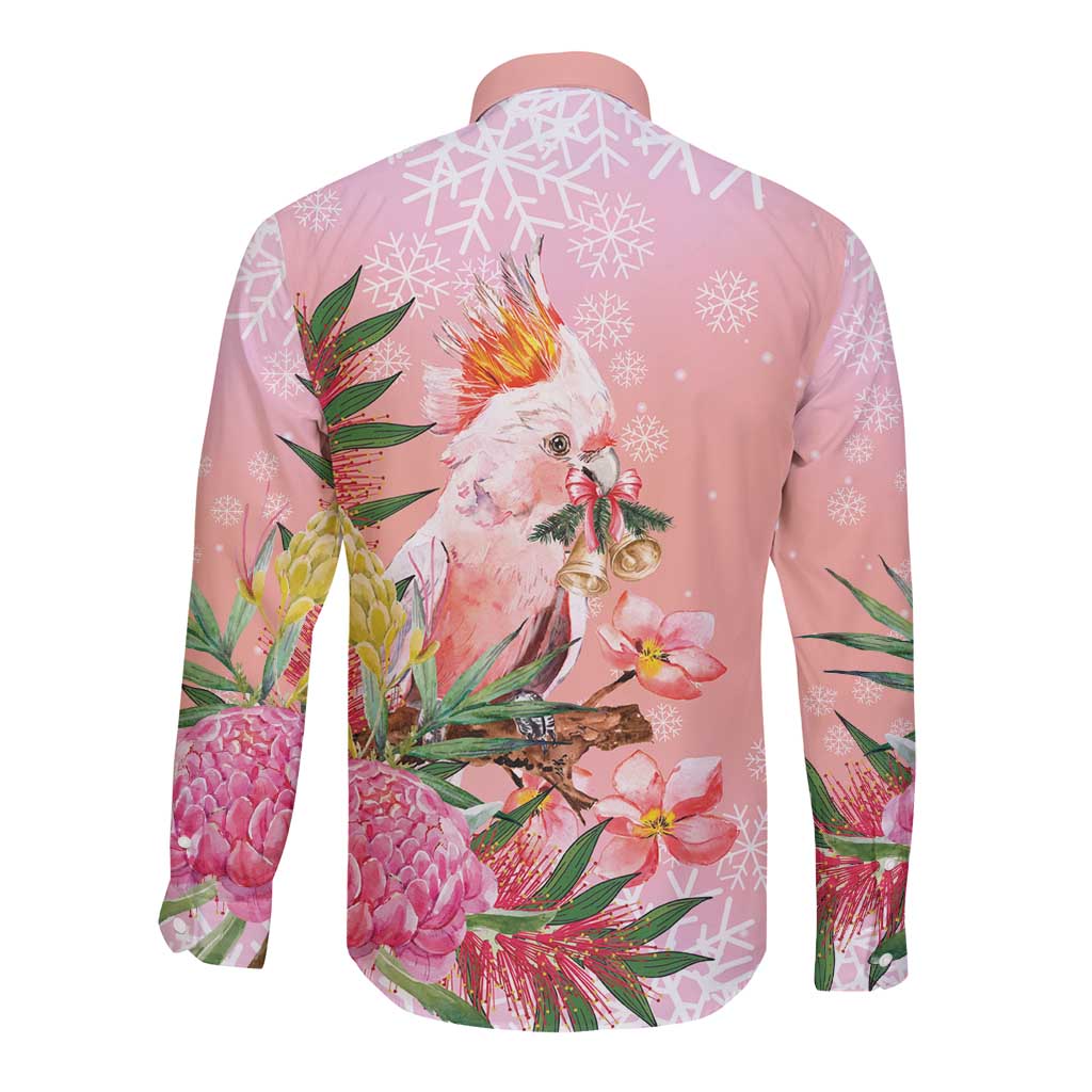 Australia Christmas Pink Cockatoo with Banksia Long Sleeve Button Shirt Coral Pink - Aussie Hoodie
