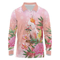 Australia Christmas Pink Cockatoo with Banksia Long Sleeve Polo Shirt Coral Pink - Aussie Hoodie