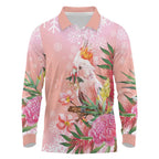 Australia Christmas Pink Cockatoo with Banksia Long Sleeve Polo Shirt Coral Pink - Aussie Hoodie
