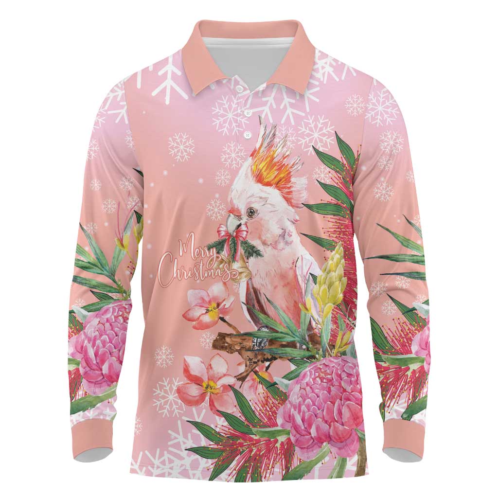 Australia Christmas Pink Cockatoo with Banksia Long Sleeve Polo Shirt Coral Pink - Aussie Hoodie