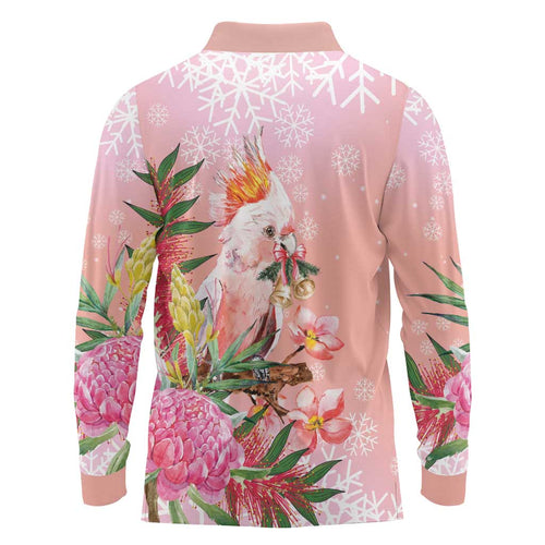 Australia Christmas Pink Cockatoo with Banksia Long Sleeve Polo Shirt Coral Pink - Aussie Hoodie