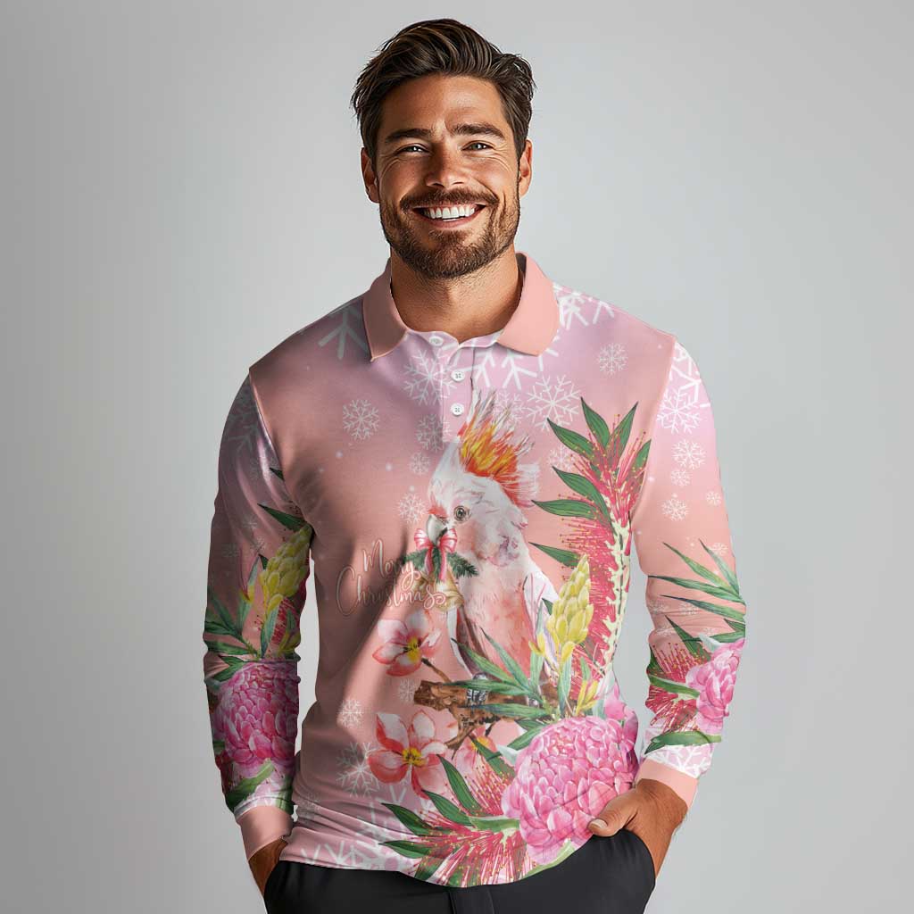 Australia Christmas Pink Cockatoo with Banksia Long Sleeve Polo Shirt Coral Pink - Aussie Hoodie
