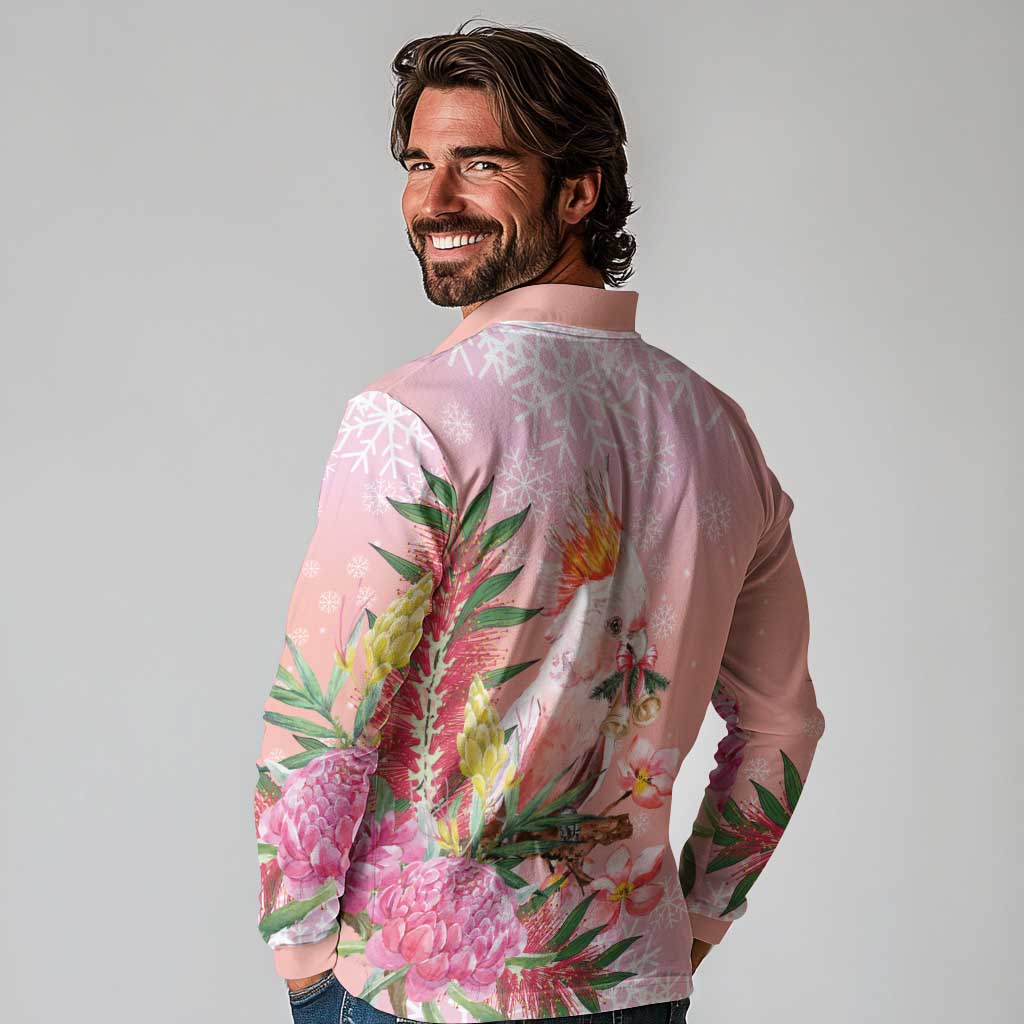 Australia Christmas Pink Cockatoo with Banksia Long Sleeve Polo Shirt Coral Pink - Aussie Hoodie