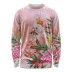 Australia Christmas Pink Cockatoo with Banksia Long Sleeve Shirt Coral Pink - Aussie Hoodie