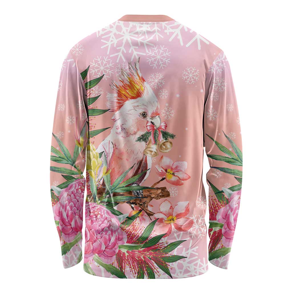 Australia Christmas Pink Cockatoo with Banksia Long Sleeve Shirt Coral Pink - Aussie Hoodie