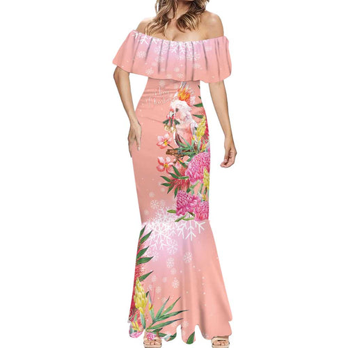 Australia Christmas Pink Cockatoo with Banksia Mermaid Dress Coral Pink - Aussie Hoodie