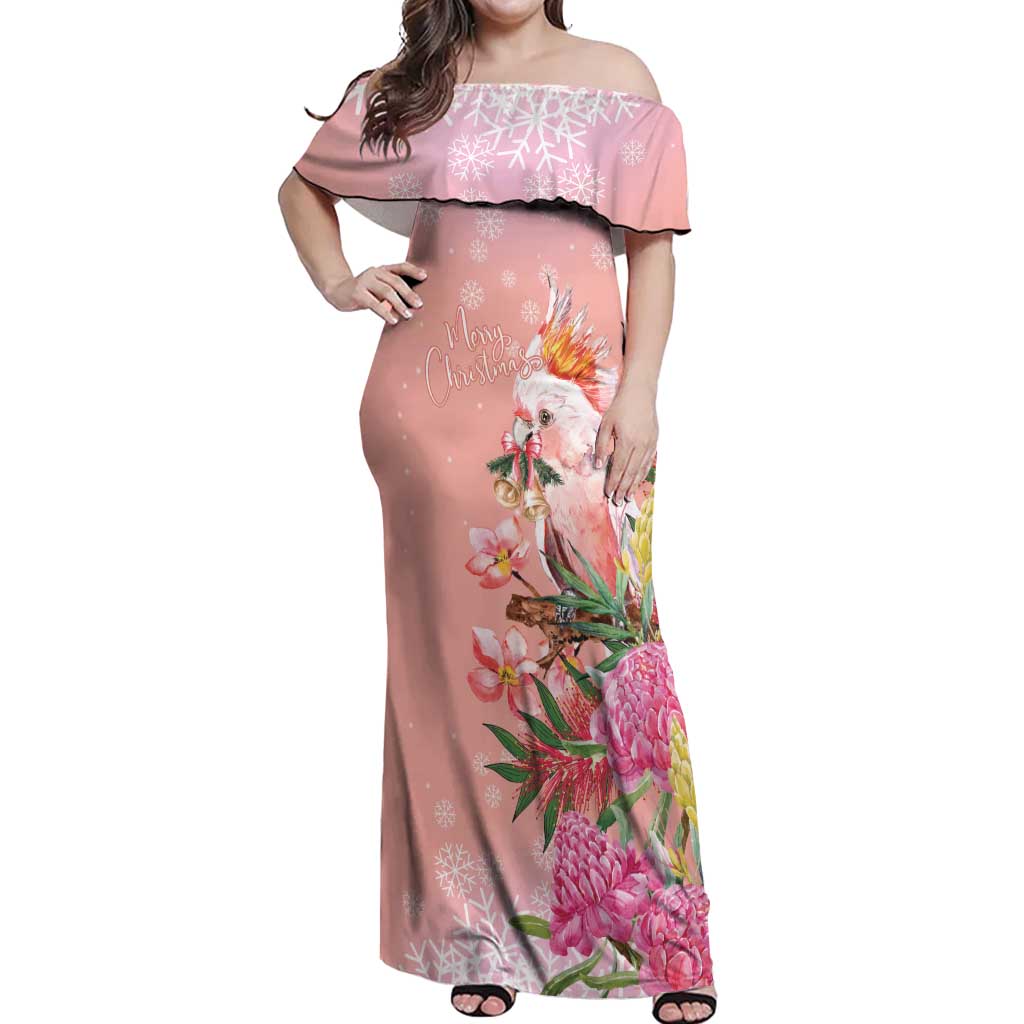 Australia Christmas Pink Cockatoo with Banksia Off Shoulder Maxi Dress Coral Pink - Aussie Hoodie